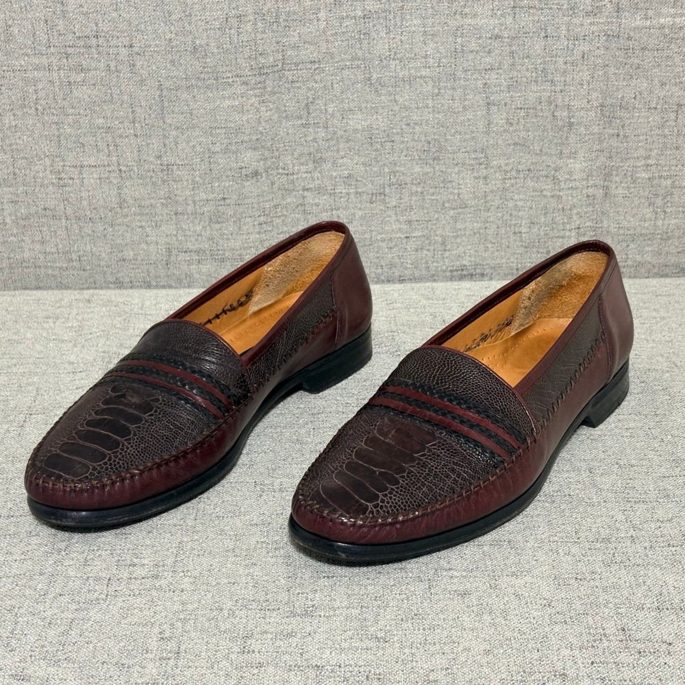 Avventura Men Ostrich Leg Leather Loafers Size 9M Burgundy Brown Handmade Spain